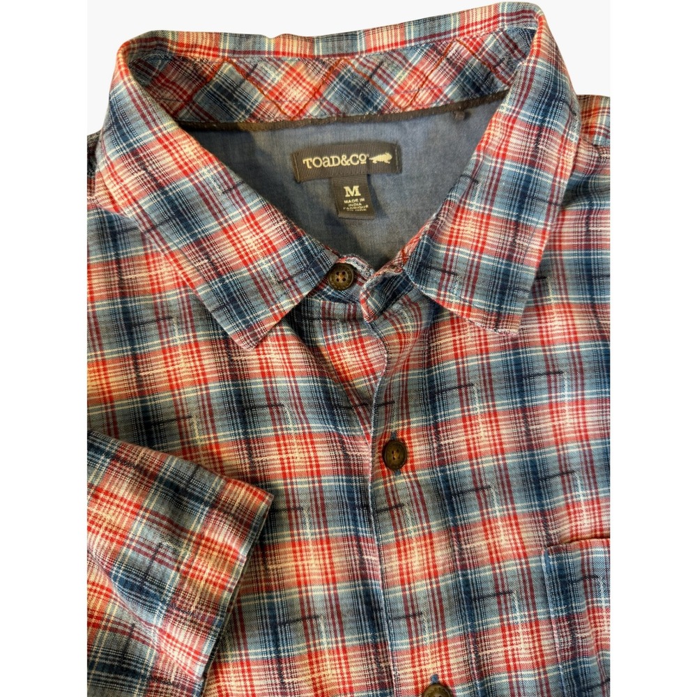 Toad&Co‎ Plaid Button Down Shirt Medium Blue Red Short Sleeve Cotton Gorpcore